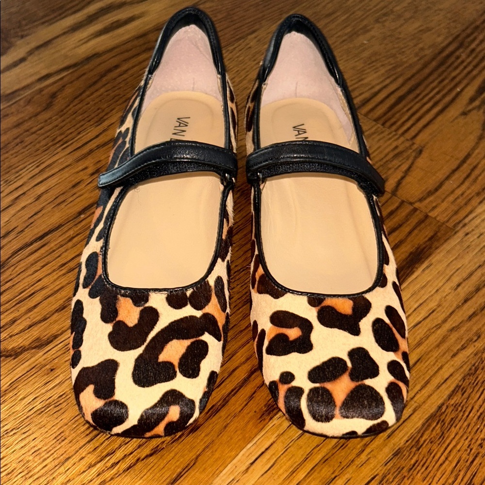 Van Eli Calf Hair Leopard Mary Jane Flats with Black Trim Minimalist Lagenlook - Picture 8 of 9